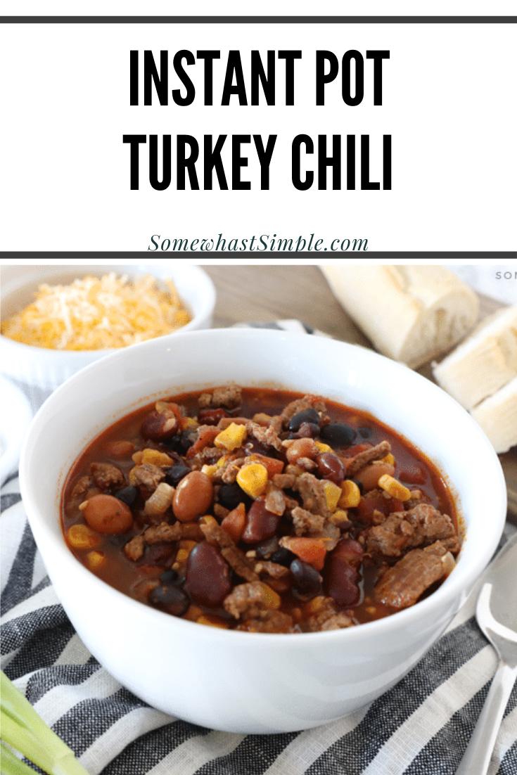This Instant Pot turkey chili is the best homemade chili you'll ever eat. The recipe uses only a few basic ingredients and is ready in about 30 minutes. Just brown the meat and then throw all of the ingredients into the pressure cook and let it works it's magic. Plus, you can easily substitute the turkey for beef if you prefer! via @somewhatsimple