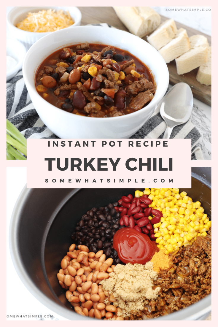This Instant Pot turkey chili is the best homemade chili you'll ever eat. The recipe uses only a few basic ingredients and is ready in about 30 minutes. Just brown the meat and then throw all of the ingredients into the pressure cook and let it works it's magic. Plus, you can easily substitute the turkey for beef if you prefer! via @somewhatsimple