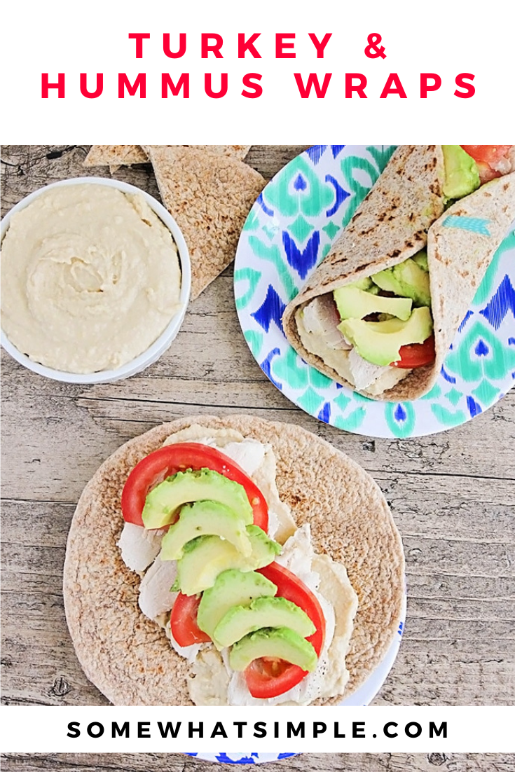 These chicken and hummus sandwich wraps are savory, delicious, and so easy to make. They're filled with homemade hummus, turkey and fresh vegetables. They're a tasty and hearty main dish that happens to be healthy too! via @somewhatsimple