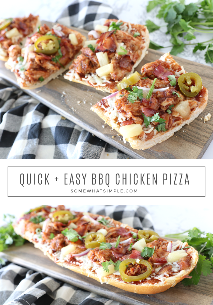 BBQ chicken french bread pizza is one of our family's favorite dinner recipes! Made with soft french bread with a crispy crust and topped with chicken, bacon, cheese, pineapple, and a savory BBQ sauce! This dinner is so easy, that it's ready in under 20 minutes. Plus, follow this one simple tip to keep your french bread pizza from getting soggy. via @somewhatsimple