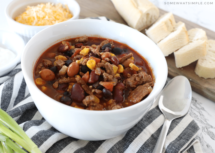 a bowl of turkey chili made in a pressure cooker