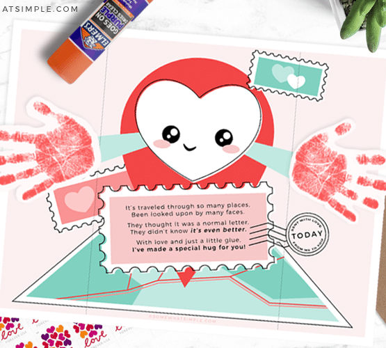 hug in the mail card idea printed and laying on the counter