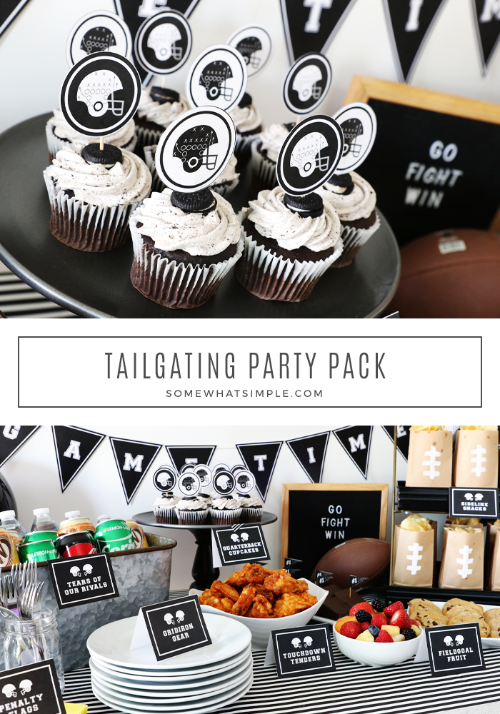 Get ready for the big game with a fun (and delicious!) tailgate party! Printable party decor and easy tailgating foods make a simple spread that will definitely impress your guests!  #tailgate #tailgating #party #superbowl #printables #football via @somewhatsimple