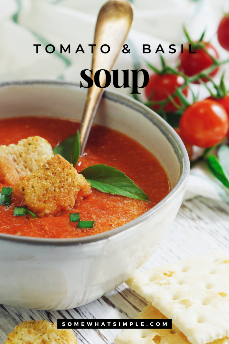 long image of tomato basil soup in a white bowl
