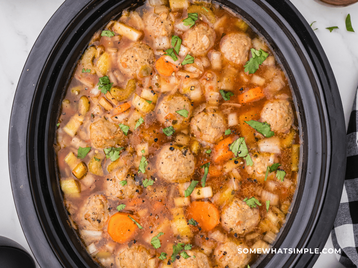 Overhead shot of crock pot with Albondigas soup