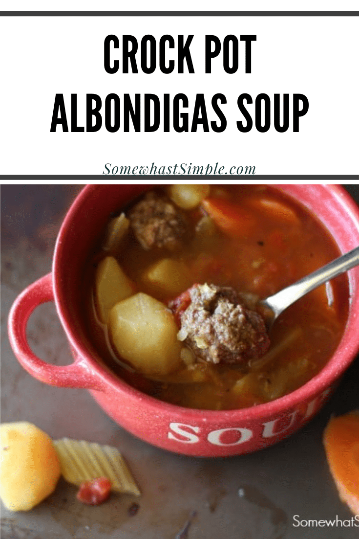This albondigas soup recipe was one of my family's favorite dinners growing up.  This delicious Mexican soup recipe is made with meatballs and healthy fresh vegetables. Just throw it all into the crock pot and let it cook throughout the day. It doesn't get any easier, or more delicious, than this. via @somewhatsimple