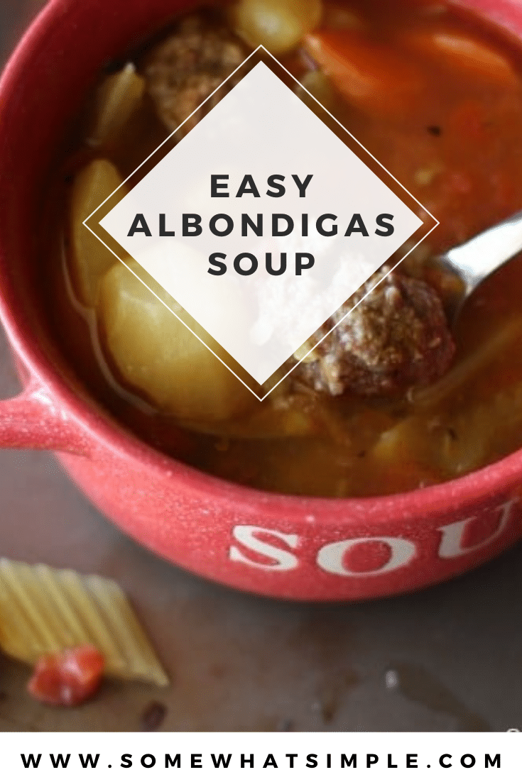 This albondigas soup recipe was one of my family's favorite dinners growing up.  This delicious Mexican soup recipe is made with meatballs and healthy fresh vegetables. Just throw it all into the crock pot and let it cook throughout the day. It doesn't get any easier, or more delicious, than this. via @somewhatsimple