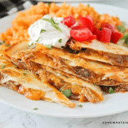 finished BBQ Pork Quesadillas plated on a white plate
