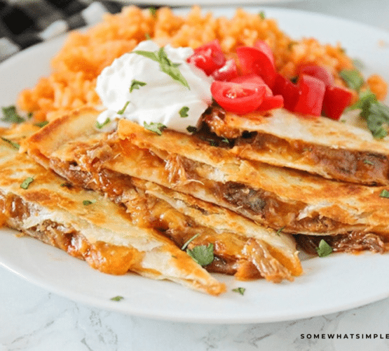 finished BBQ Pork Quesadillas plated on a white plate