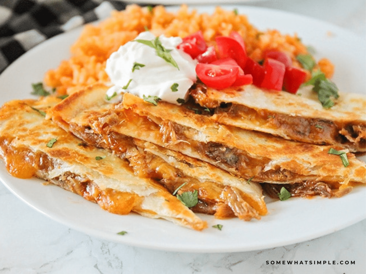 finished BBQ Pork Quesadillas plated on a white plate