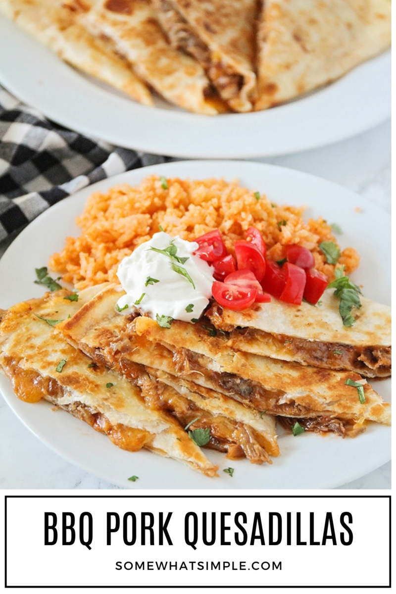 long image of BBQ Pork Quesadillas plated on white plates