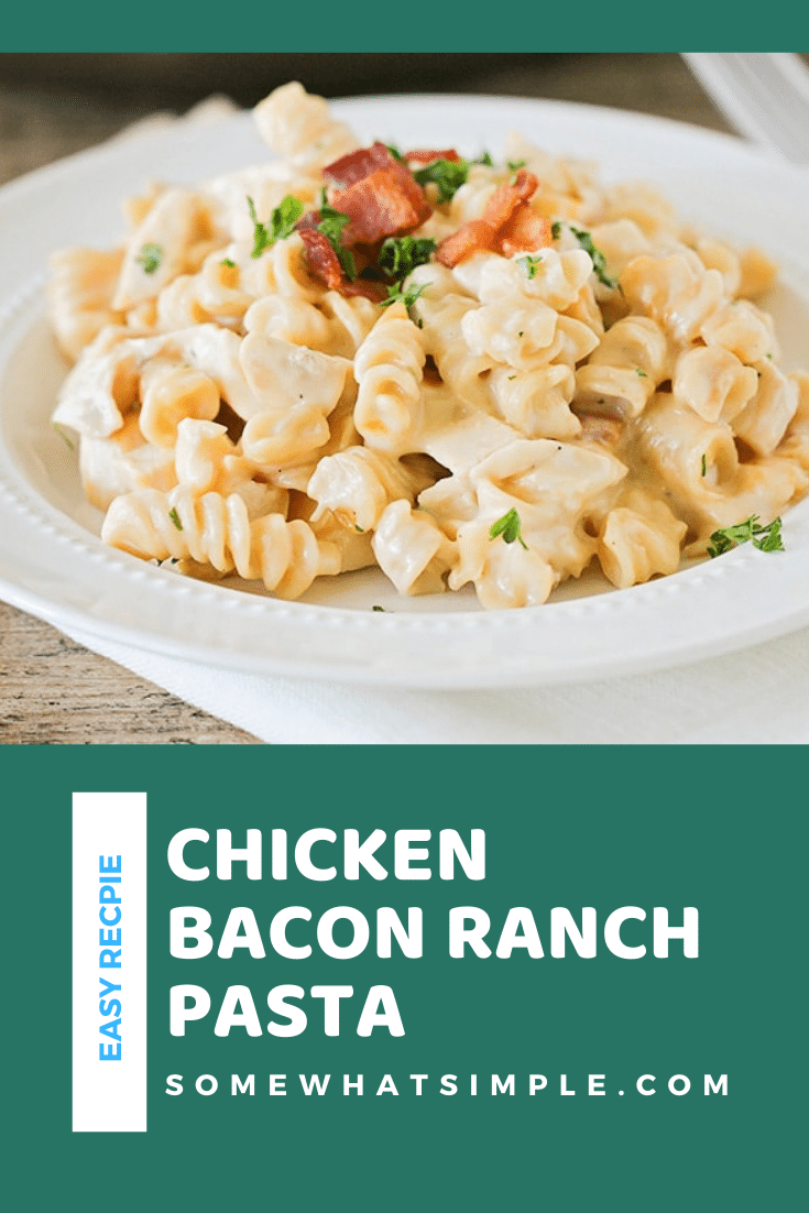 This chicken bacon ranch pasta is an easy dinner that takes only minutes to prepare. This creamy pasta recipe is loaded with chicken and bacon and tastes so good everyone is sure to love it! This dinner is perfect for a busy night that the entire family will love. via @somewhatsimple