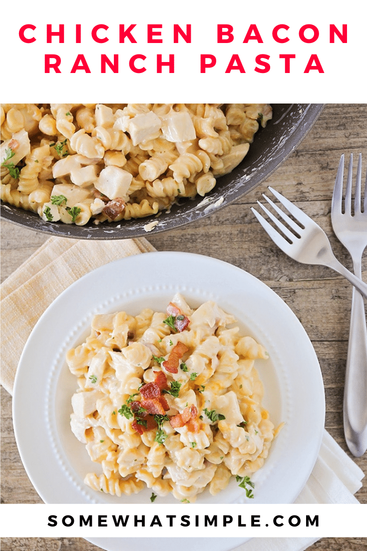 This chicken bacon ranch pasta is an easy dinner that takes only minutes to prepare. This creamy pasta recipe is loaded with chicken and bacon and tastes so good everyone is sure to love it! This dinner is perfect for a busy night that the entire family will love. via @somewhatsimple