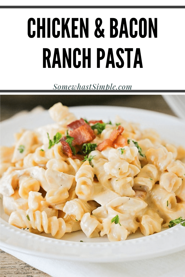 This chicken bacon ranch pasta is an easy dinner that takes only minutes to prepare. This creamy pasta recipe is loaded with chicken and bacon and tastes so good everyone is sure to love it! This dinner is perfect for a busy night that the entire family will love. via @somewhatsimple