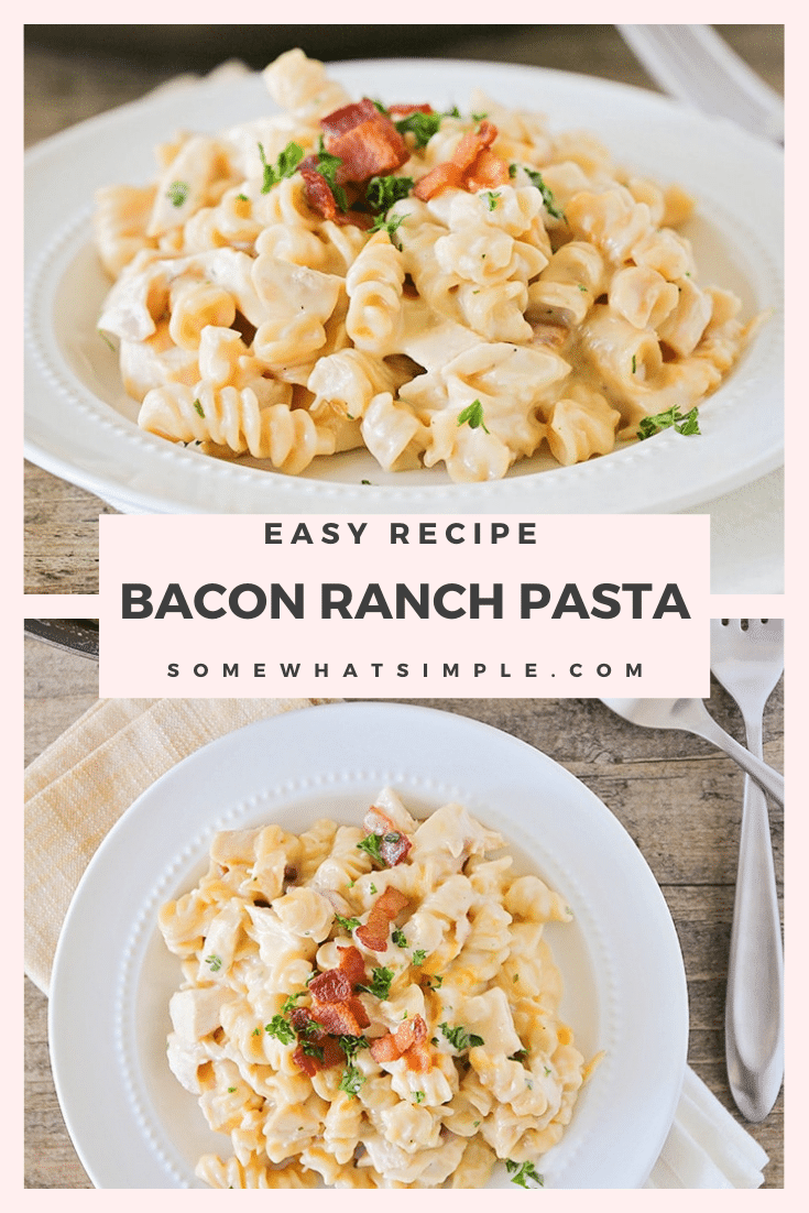 This chicken bacon ranch pasta is an easy dinner that takes only minutes to prepare. This creamy pasta recipe is loaded with chicken and bacon and tastes so good everyone is sure to love it! This dinner is perfect for a busy night that the entire family will love. via @somewhatsimple