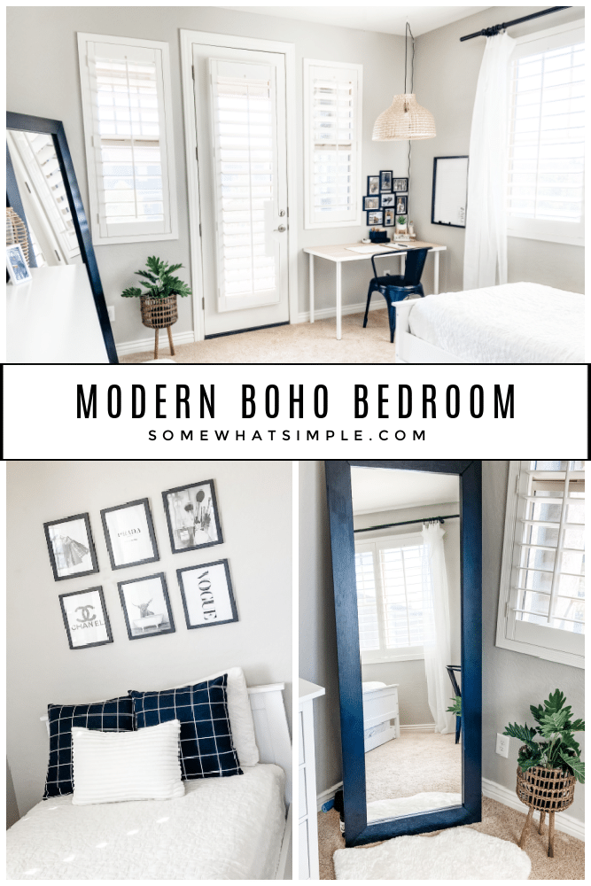 Leah's bedroom gets a fresh new design, featuring bold blacks and whites and natural textures. This modern boho bedroom is comfortable, clean, and captivating! This modern decor is perfect and something every teen girl will love! via @somewhatsimple