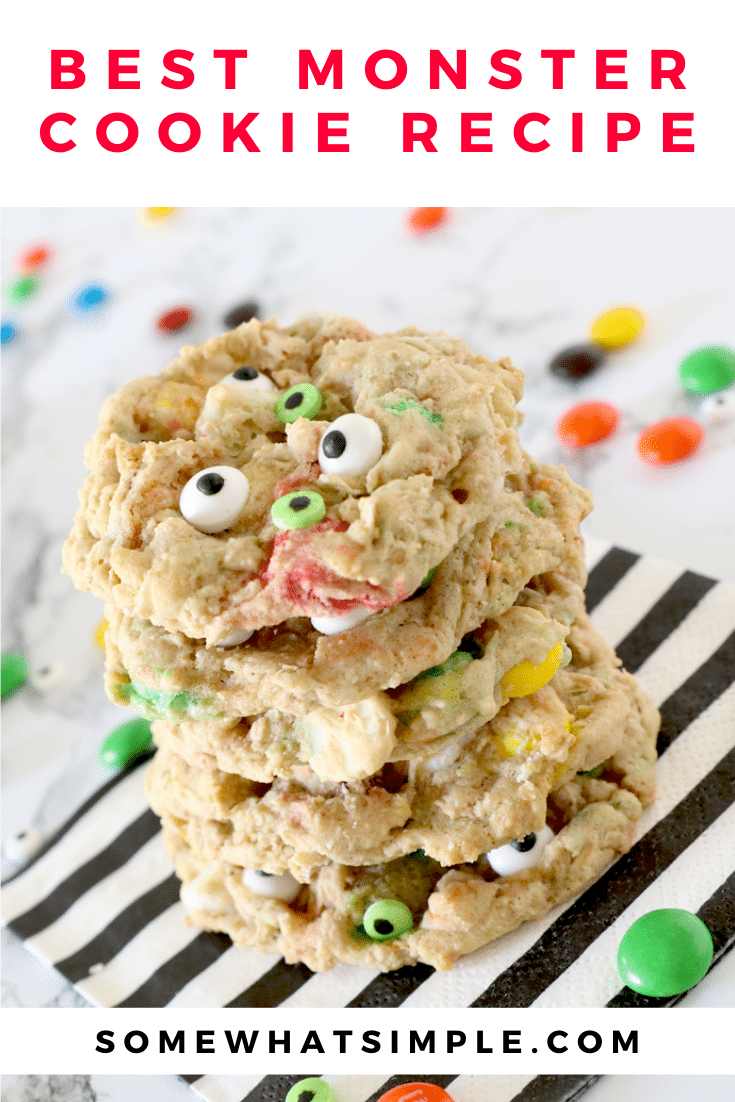 Monster cookies are loaded with the delicious combination of chocolate chips, M&Ms and oatmeal. Decorate them with candy monster eyes and they make the perfect Halloween cookie recipe. This recipe is so easy, the cookies will be done in about 20 minutes. via @somewhatsimple