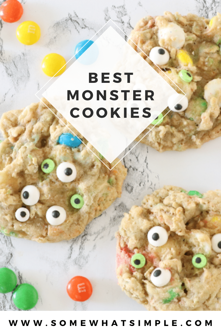 Monster cookies are loaded with the delicious combination of chocolate chips, M&Ms and oatmeal. Decorate them with candy monster eyes and they make the perfect Halloween cookie recipe. This recipe is so easy, the cookies will be done in about 20 minutes. via @somewhatsimple