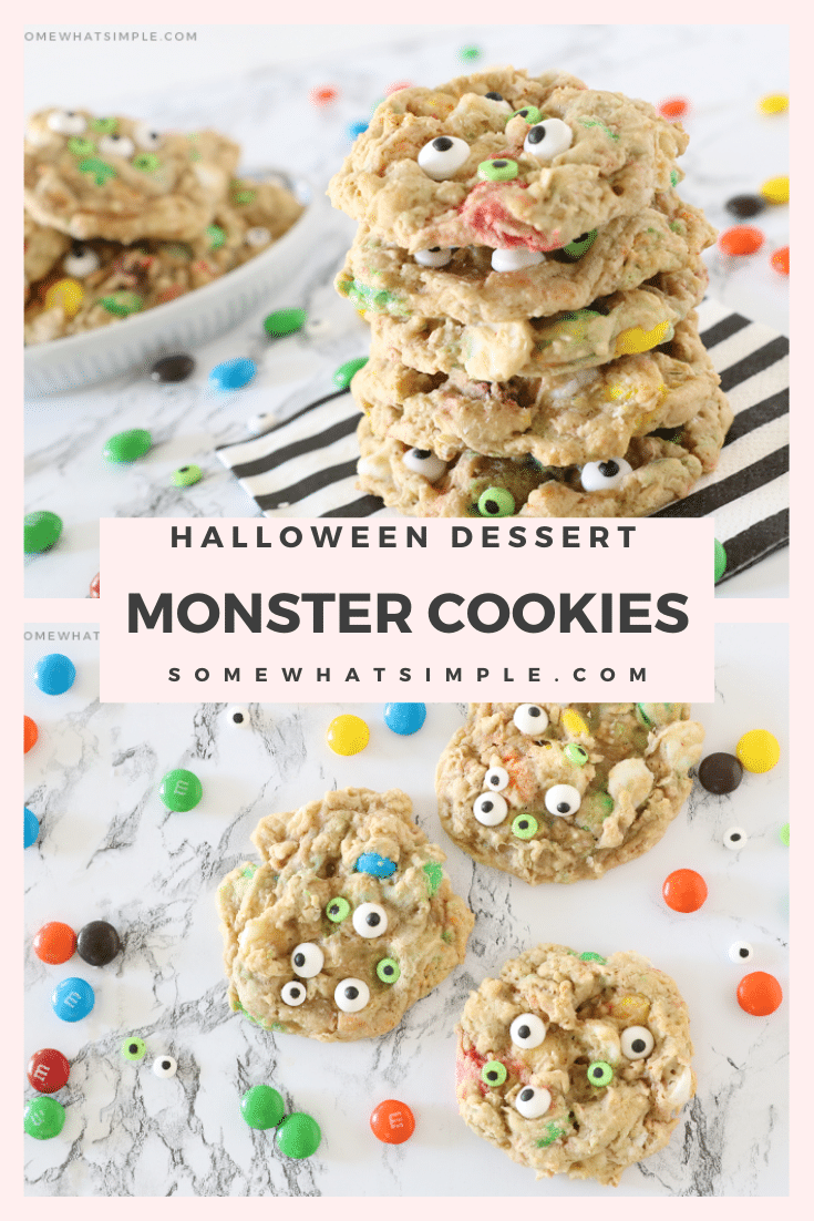 Monster cookies are loaded with the delicious combination of chocolate chips, M&Ms and oatmeal. Decorate them with candy monster eyes and they make the perfect Halloween cookie recipe. This recipe is so easy, the cookies will be done in about 20 minutes. via @somewhatsimple