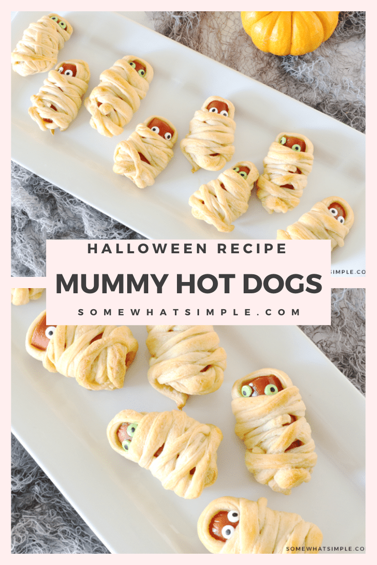 Mummy Hot Dogs are a hit with kids and Halloween party guests! They're a festive Halloween treat that's simple to make and delicious too! They're super easy to make by wrapping hot dogs in some crescent roll dough. They make the perfect Halloween snack or lunch recipe. via @somewhatsimple