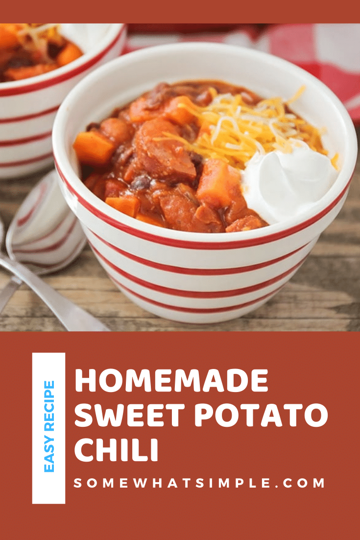 This savory and hearty turkey sausage sweet potato chili recipe is the perfect dinner for a chilly fall evening. It's made with sweet potatoes, black beans, sausage and a blend of delicious spices. It's so easy to make, it only takes 10 minutes to prep. I promise you'll love this homemade chili recipe. via @somewhatsimple