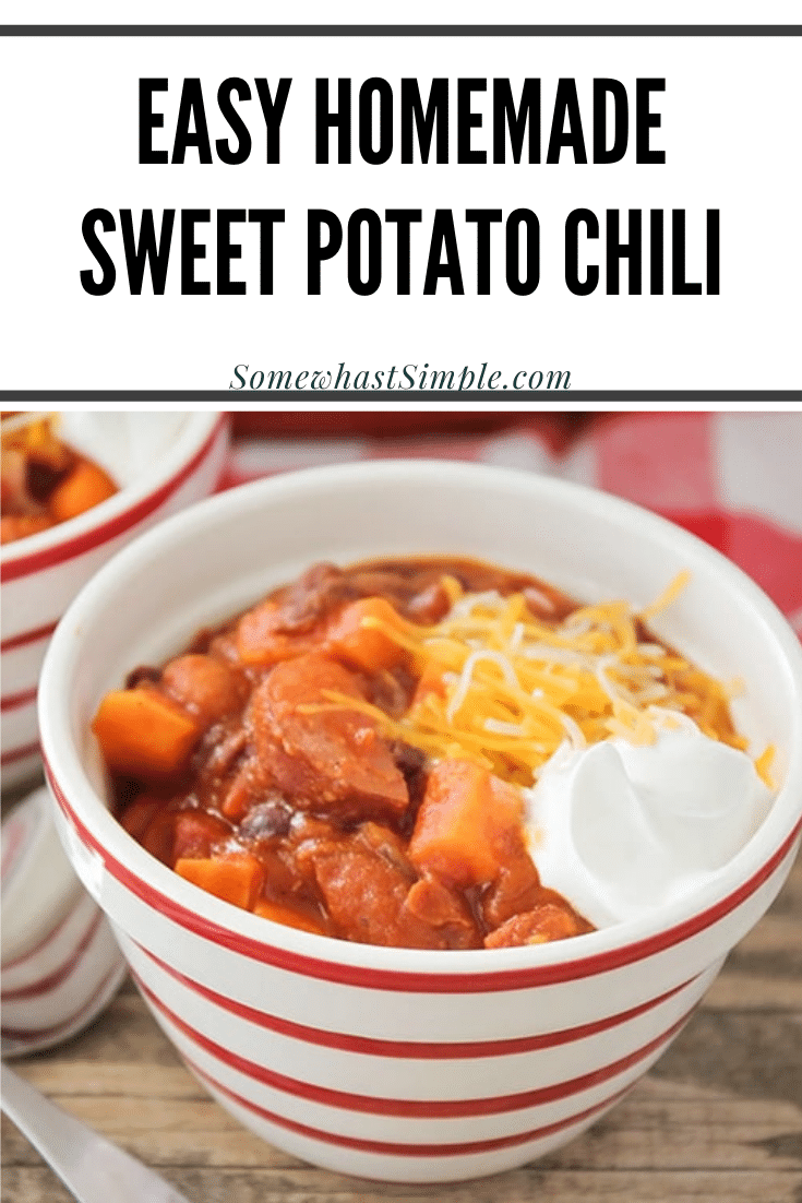 This savory and hearty turkey sausage sweet potato chili recipe is the perfect dinner for a chilly fall evening. It's made with sweet potatoes, black beans, sausage and a blend of delicious spices. It's so easy to make, it only takes 10 minutes to prep. I promise you'll love this homemade chili recipe. via @somewhatsimple