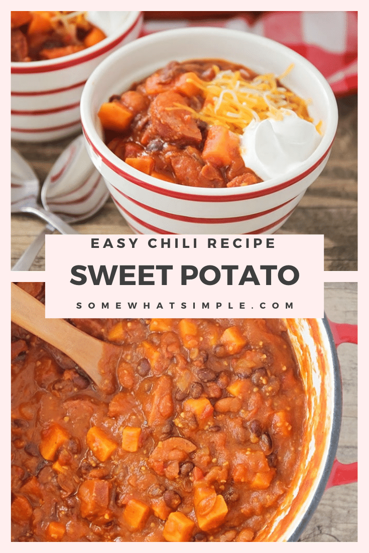 This savory and hearty turkey sausage sweet potato chili recipe is the perfect dinner for a chilly fall evening. It's made with sweet potatoes, black beans, sausage and a blend of delicious spices. It's so easy to make, it only takes 10 minutes to prep. I promise you'll love this homemade chili recipe. via @somewhatsimple