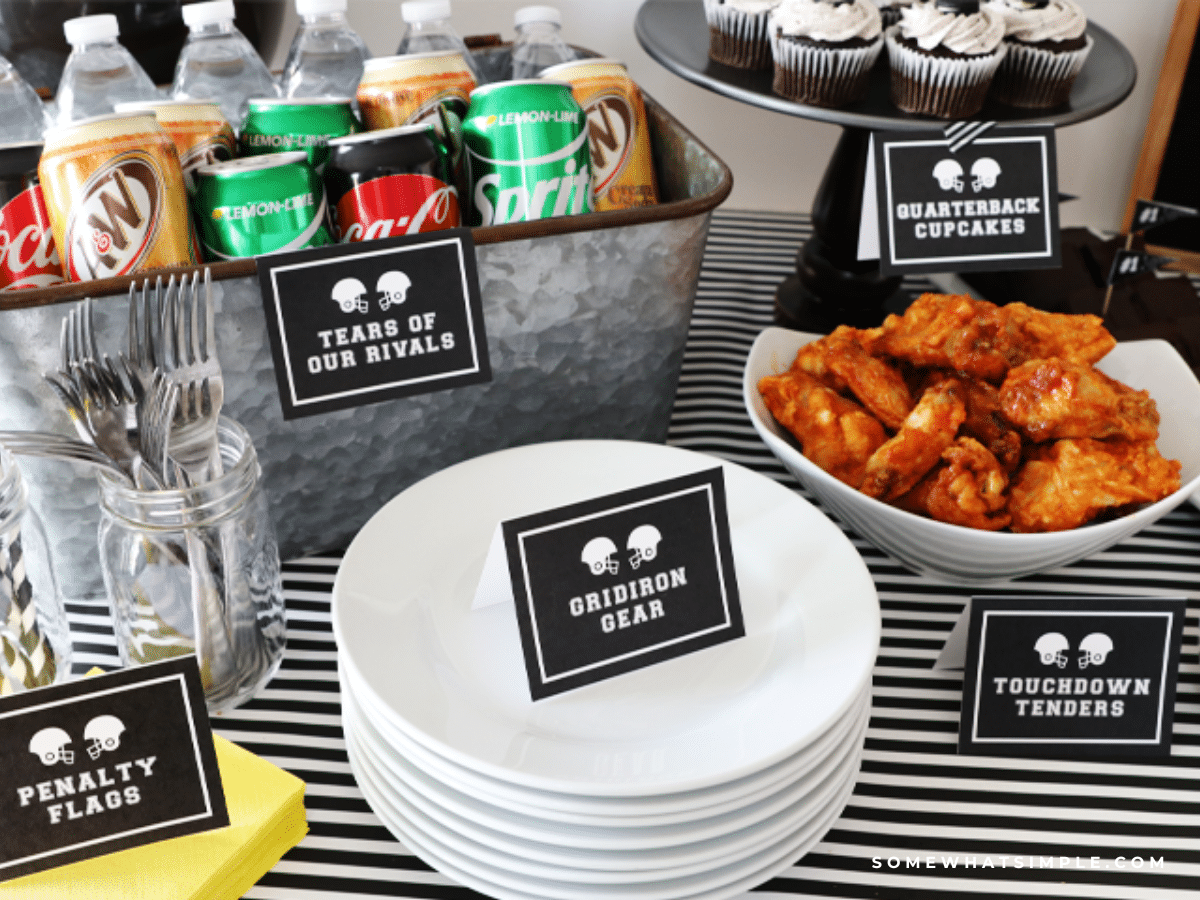 close up of tailgating party printables on the food table