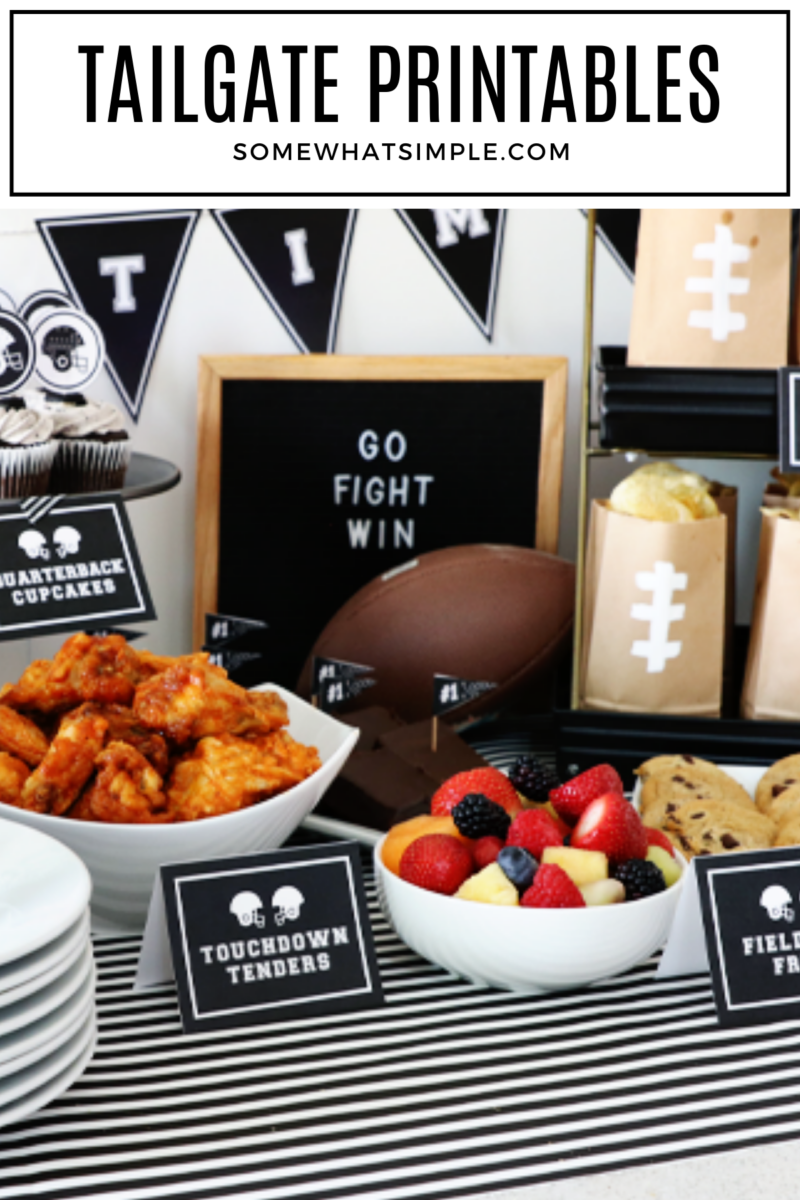 long image of a styled tailgate party food table