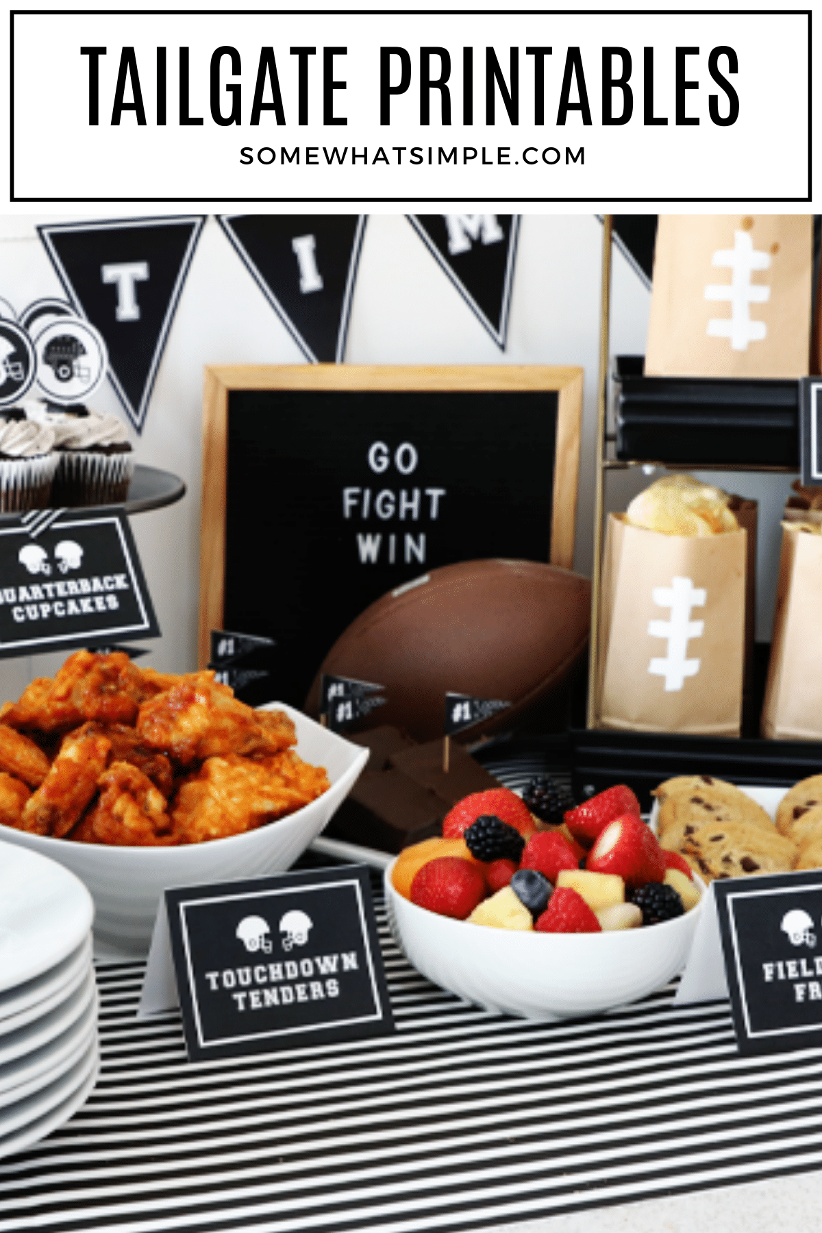 Get ready for the big game with a fun (and delicious!) tailgate party! Printable party decor and easy tailgating foods make a simple spread that will definitely impress your guests!  #tailgate #tailgating #party #superbowl #printables #football via @somewhatsimple