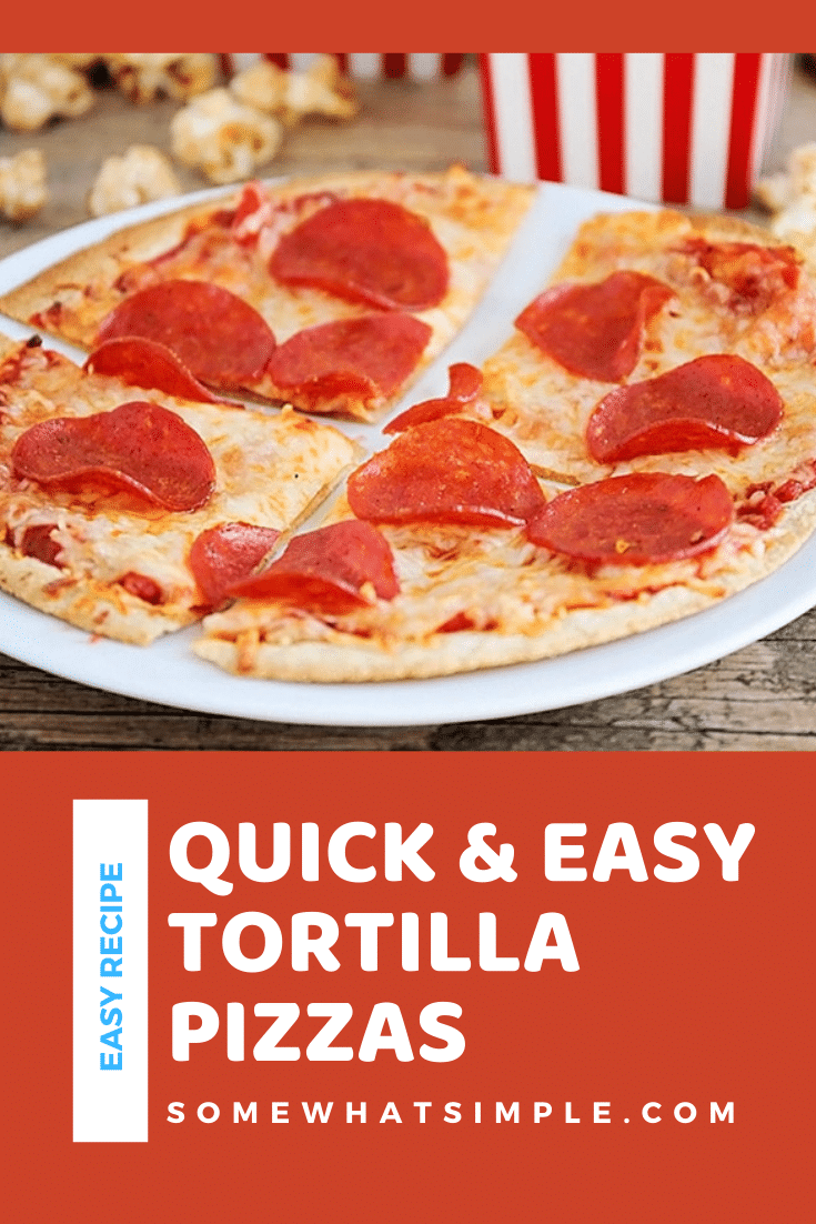 Tortilla pizza are a quick and easy way to make homemade pizza and are ready in just minutes. Grab a tortilla, pile it high with your favorite toppings, then enjoy family pizza night! This is the perfect dinner recipe for those buys nights. via @somewhatsimple