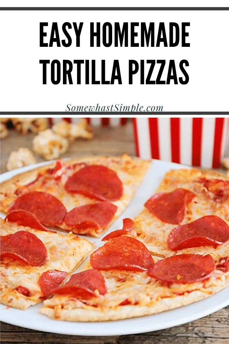 Tortilla pizza are a quick and easy way to make homemade pizza and are ready in just minutes. Grab a tortilla, pile it high with your favorite toppings, then enjoy family pizza night! This is the perfect dinner recipe for those buys nights. via @somewhatsimple