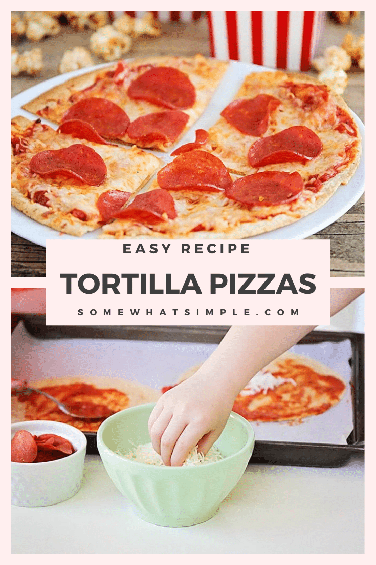 Tortilla pizza are a quick and easy way to make homemade pizza and are ready in just minutes. Grab a tortilla, pile it high with your favorite toppings, then enjoy family pizza night! This is the perfect dinner recipe for those buys nights. via @somewhatsimple