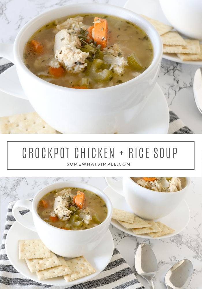 Crock Pot Chicken and Rice Soup is packed with brown rice, tender chicken, and fresh vegetables. It's so easy to make, that it only takes a few minutes to prep. Just throw all of the ingredients into the slow cooker and let it do the cooking. This comforting soup is perfect to enjoy when it's cold and tastes amazing! via @somewhatsimple