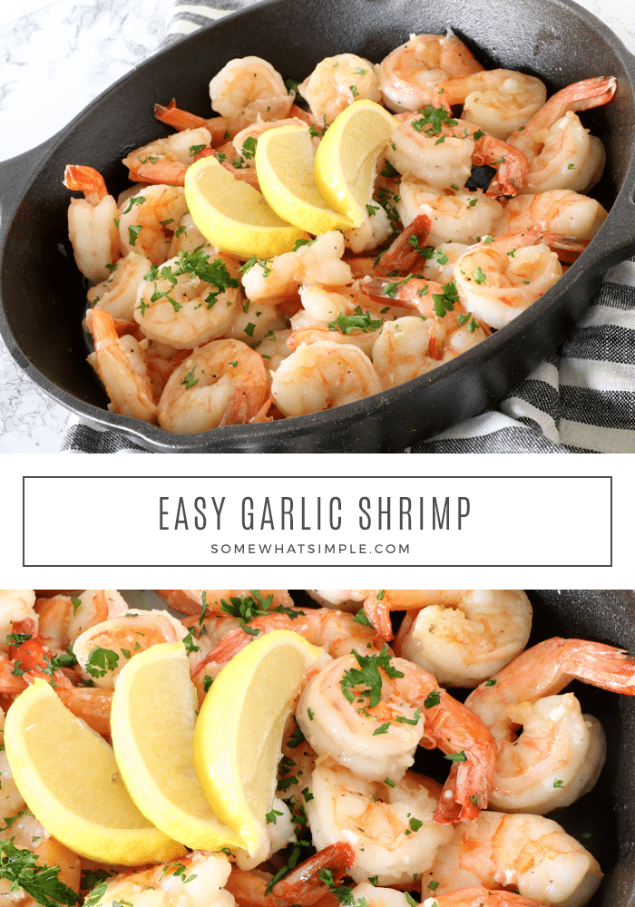 Garlic butter shrimp is an easy dinner or appetizer recipe. It doesn't get any better than jumbo shrimp smothered in an a delicious lemon garlic butter sauce. The recipe is so simple, it takes only 20 minutes to make, uses only a few basic ingredients and you only need one pan to make it. This is the perfect meal for the seafood lover in your family. via @somewhatsimple