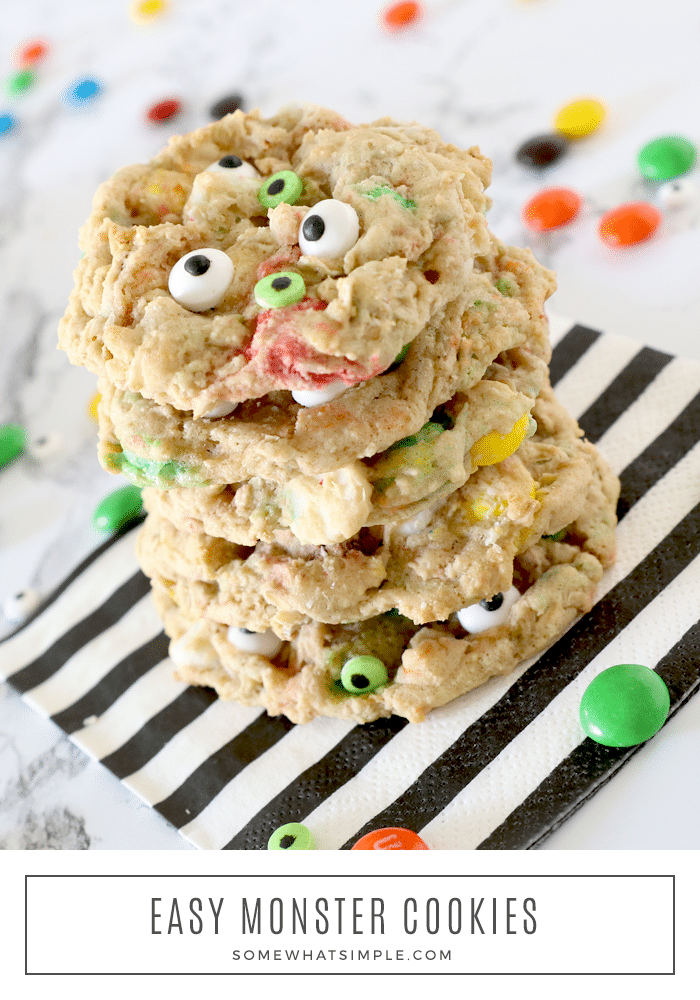 Monster cookies are loaded with the delicious combination of chocolate chips, M&Ms and oatmeal. Decorate them with candy monster eyes and they make the perfect Halloween cookie recipe. This recipe is so easy, the cookies will be done in about 20 minutes. via @somewhatsimple