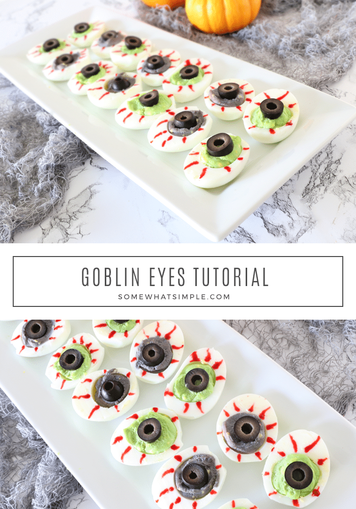 Goblin Eyes are a festive food for a Halloween party that taste great too! These delicious appetizers are super easy to make and make the perfect starter. Just take a regular deviled egg and make a few minor modifications and you're all set! via @somewhatsimple