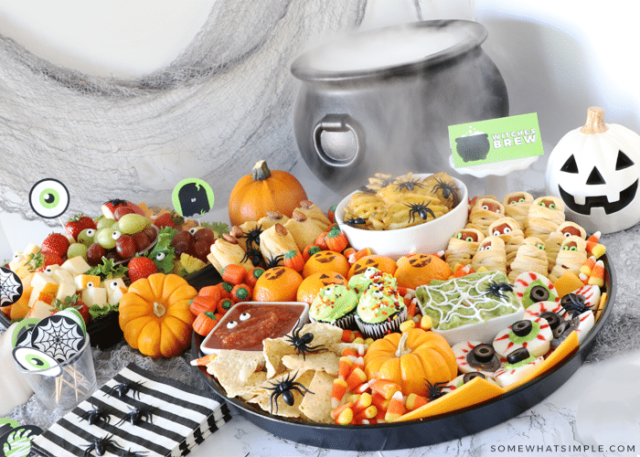 halloween lunch for kids with spooky foods on a tray