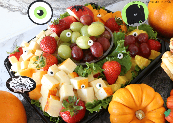 fruit and cheese tray with candy eyeballs for halloween