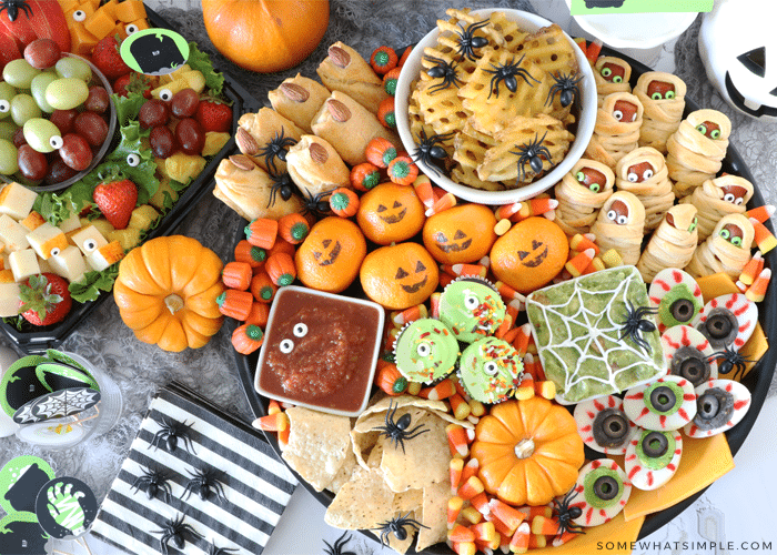 overhead shot of halloween food on a tray