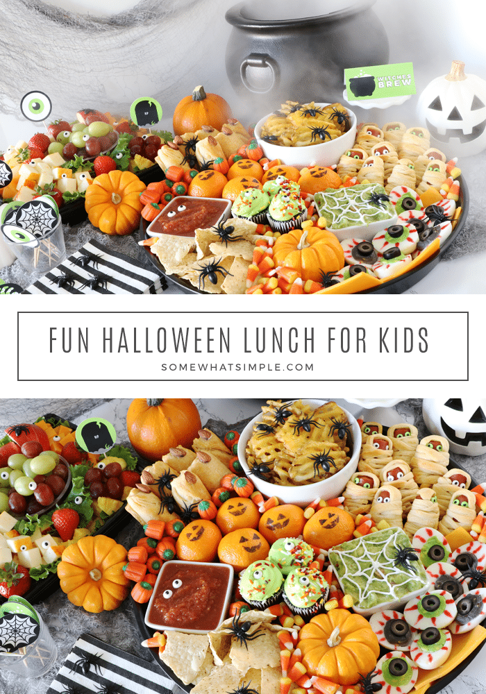 A Halloween lunch is a fun way to celebrate this spooky holiday with your kids! With fun food recipes to try there will be something everyone can enjoy. Plus, grab your free downloadable party food printables to make your table look its best! via @somewhatsimple