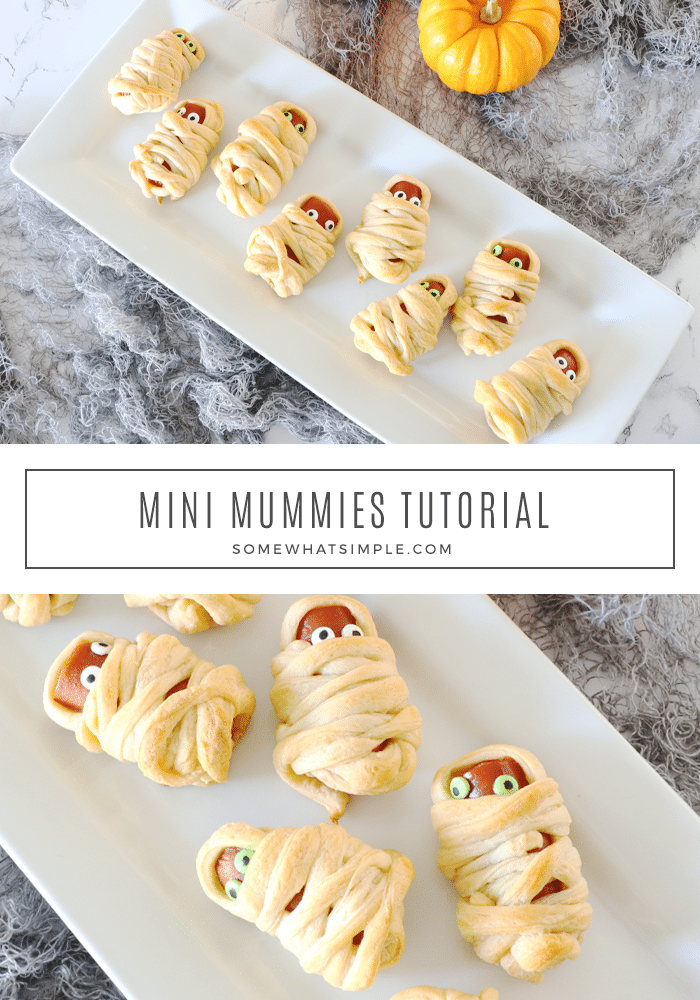 Mummy Hot Dogs are a hit with kids and Halloween party guests! They're a festive Halloween treat that's simple to make and delicious too! They're super easy to make by wrapping hot dogs in some crescent roll dough. They make the perfect Halloween snack or lunch recipe. via @somewhatsimple