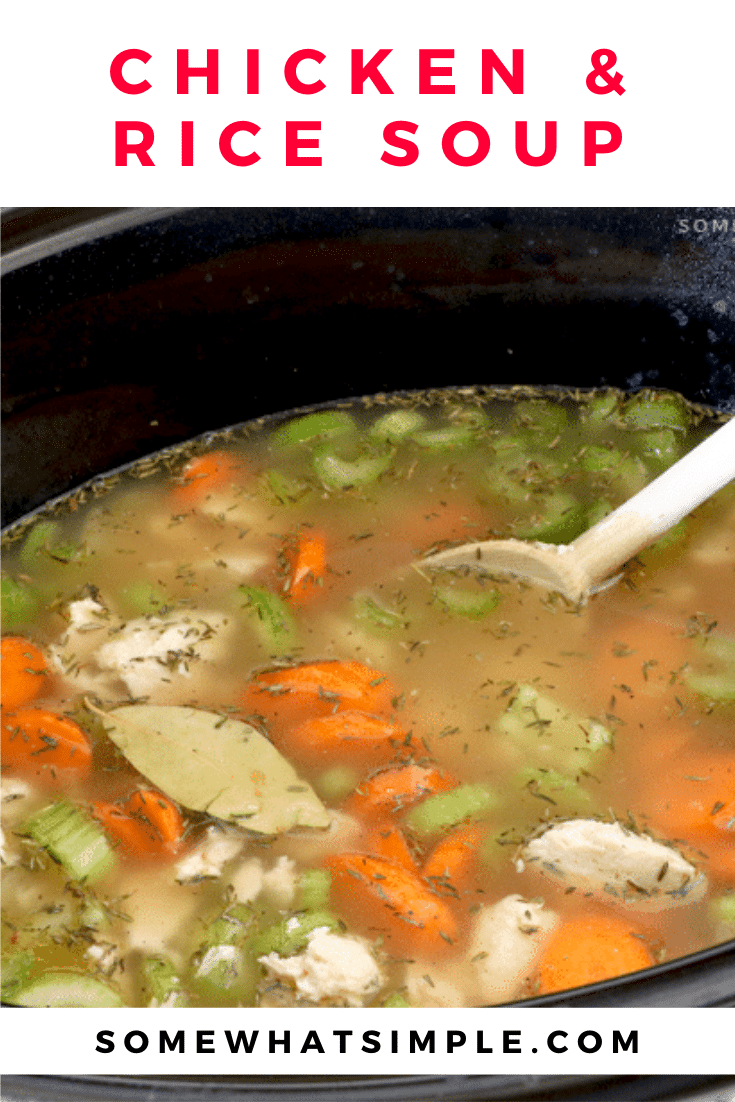 Crock Pot Chicken and Rice Soup is packed with brown rice, tender chicken, and fresh vegetables. It's so easy to make, that it only takes a few minutes to prep. Just throw all of the ingredients into the slow cooker and let it do the cooking. This comforting soup is perfect to enjoy when it's cold and tastes amazing! via @somewhatsimple