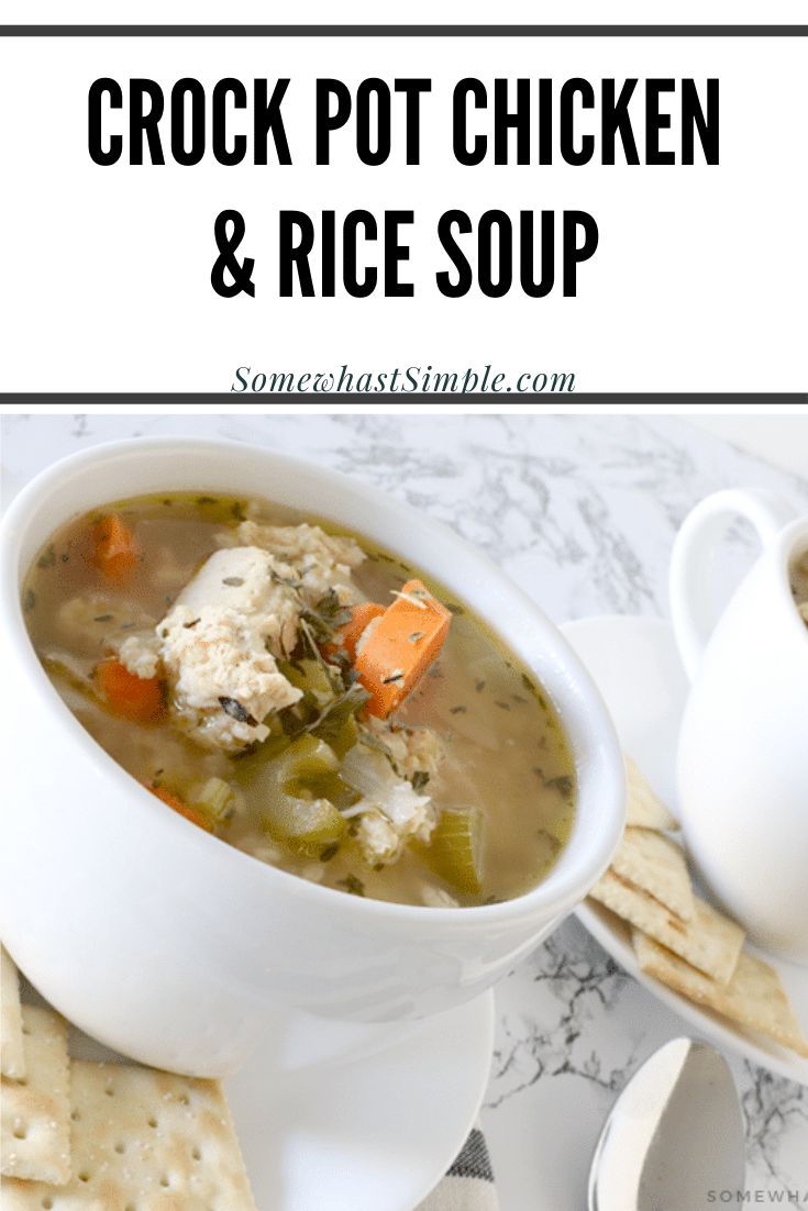 Crock Pot Chicken and Rice Soup is packed with brown rice, tender chicken, and fresh vegetables. It's so easy to make, that it only takes a few minutes to prep. Just throw all of the ingredients into the slow cooker and let it do the cooking. This comforting soup is perfect to enjoy when it's cold and tastes amazing! via @somewhatsimple