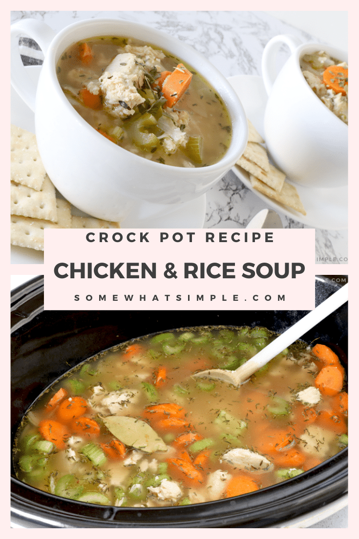 Crock Pot Chicken and Rice Soup is packed with brown rice, tender chicken, and fresh vegetables. It's so easy to make, that it only takes a few minutes to prep. Just throw all of the ingredients into the slow cooker and let it do the cooking. This comforting soup is perfect to enjoy when it's cold and tastes amazing! via @somewhatsimple