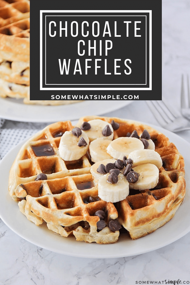 These fluffy and crisp chocolate chip waffles are the perfect sweet treat to make breakfast extra special! Made from scratch, these homemade waffles are simple to make and so delicious! These waffles are perfect for celebrating that special occasion or just making a Sunday breakfast extra sweet! via @somewhatsimple