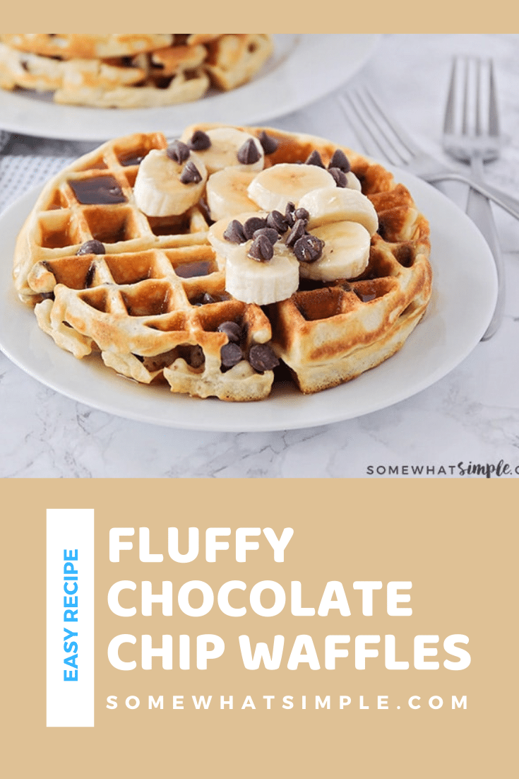 These fluffy and crisp chocolate chip waffles are the perfect sweet treat to make breakfast extra special! Made from scratch, these homemade waffles are simple to make and so delicious! These waffles are perfect for celebrating that special occasion or just making a Sunday breakfast extra sweet! via @somewhatsimple