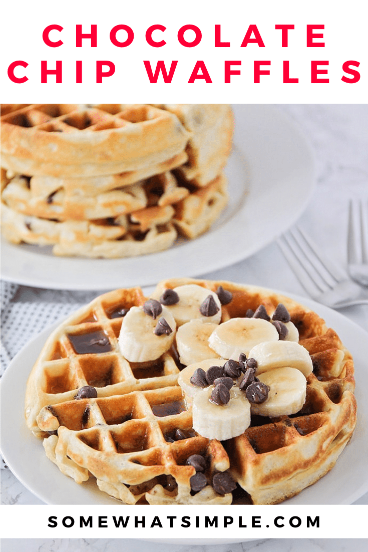 These fluffy and crisp chocolate chip waffles are the perfect sweet treat to make breakfast extra special! Made from scratch, these homemade waffles are simple to make and so delicious! These waffles are perfect for celebrating that special occasion or just making a Sunday breakfast extra sweet! via @somewhatsimple