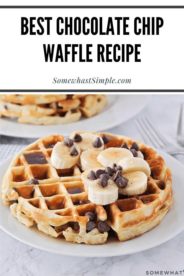 These fluffy and crisp chocolate chip waffles are the perfect sweet treat to make breakfast extra special! Made from scratch, these homemade waffles are simple to make and so delicious! These waffles are perfect for celebrating that special occasion or just making a Sunday breakfast extra sweet! via @somewhatsimple