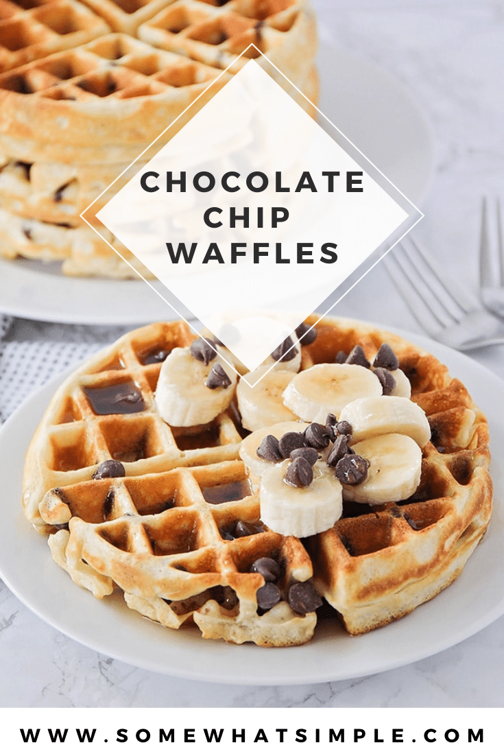 These fluffy and crisp chocolate chip waffles are the perfect sweet treat to make breakfast extra special! Made from scratch, these homemade waffles are simple to make and so delicious! These waffles are perfect for celebrating that special occasion or just making a Sunday breakfast extra sweet! via @somewhatsimple